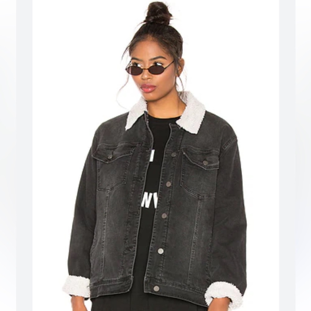 SANCTUARY Out of Stock Black Denim Jacket with White Sherpa Collar